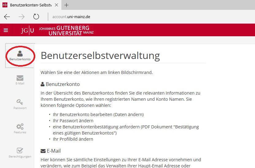 Screenshot: Benutzerselbstverwaltung: Benutzerkonto