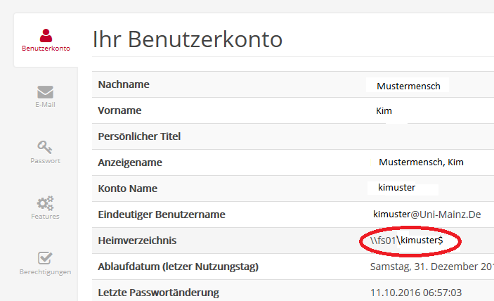 Screenshot: Heimverzeichnis in der Benutzerselbstverwaltung