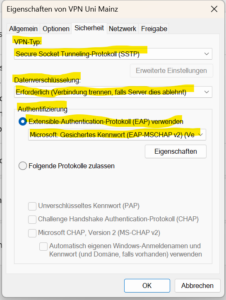 Screenshot: Sicherheitseinstellungen VPN